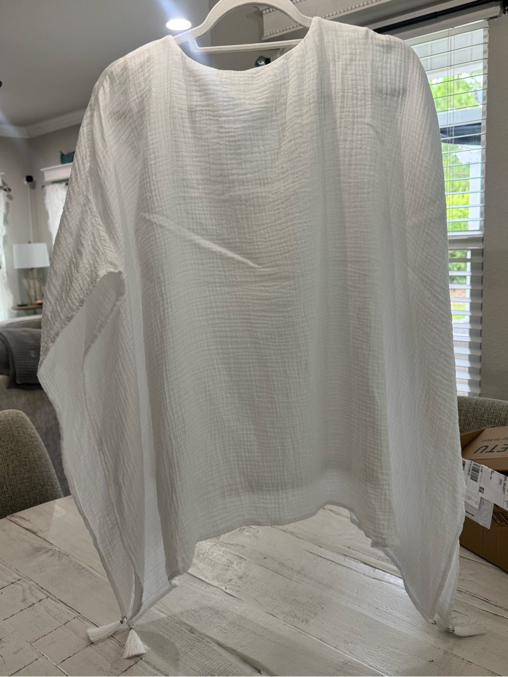 White Gauze Beaded Tunic Cover Up Tassel Hem Size L - Picture 3 of 10